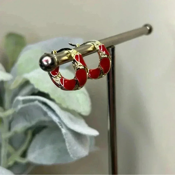 18K Gold Plated Red Enamel Hoop Earrings with Little Rhinestone Accents - Picture 3 of 4